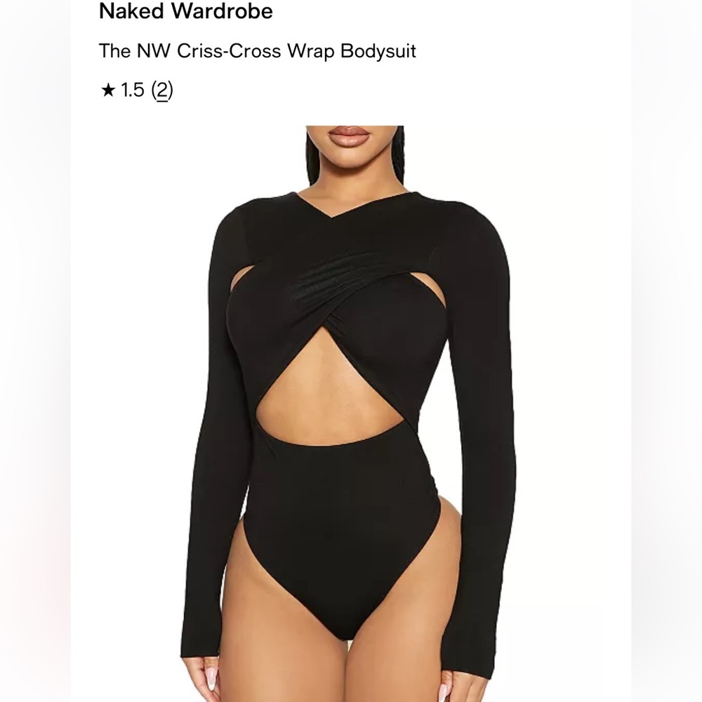 Naked Wardrobe Beige Long Sleeve Body Suit Thong Top- Small
